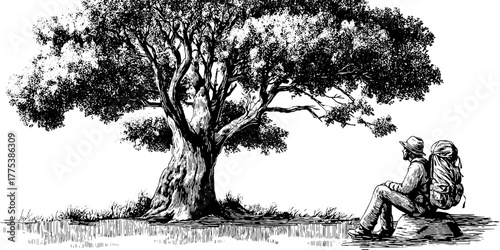 Vintage traveler resting with backpack under tree - hand drawn silhouette for print or poster design