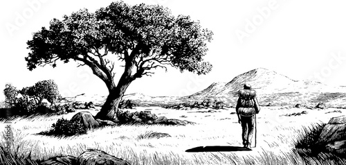 Vintage engraving of traveler walking with staff across open plain with scenic landscape