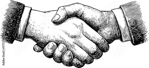 Vintage engraving of two men shaking hands in agreement, concept of partnership and unity