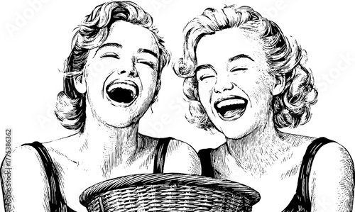 Vintage engraving of two women laughing together while carrying laundry basket