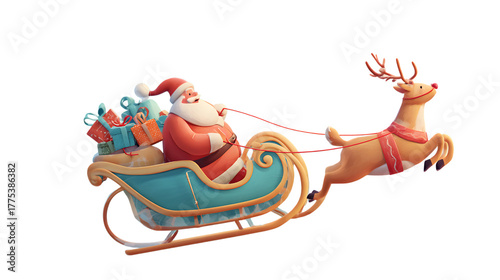 Santa claus and reindeer flying in a sleigh laden with gifts