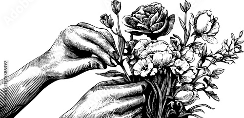 Vintage floral arrangement scene with woman arranging spring bouquet in engraved style