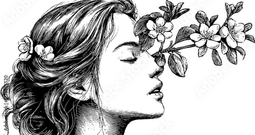 Vintage spring portrait of woman with blossom branch in hand-drawn engraving style for design