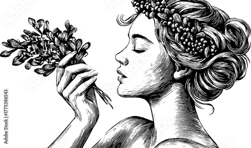 Romantic woman holding mistletoe overhead in vintage hand-drawn engraving style