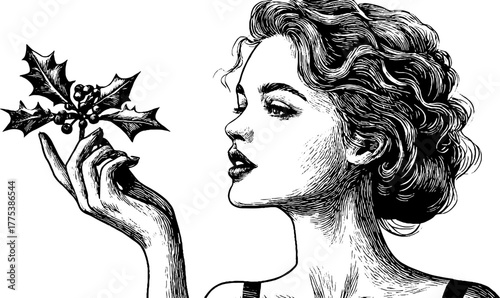 Vintage engraving of woman holding mistletoe for romantic holiday design