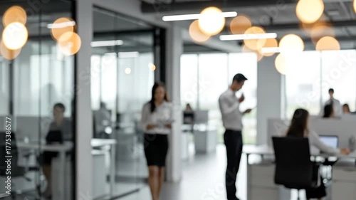 Dynamic workplace activity blurred in a modern office, creating a sense of professional energy and collaboration for business presentations and backgrounds