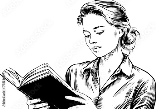 Vintage engraving of a woman reading an open book in a thoughtful pose