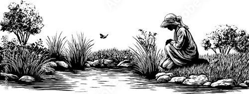 Vintage scene of woman gathering herbs by a pond in engraved style for retro design