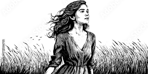 Tranquil woman in windy field of tall grass engraving