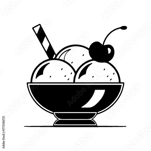 Monochrome drawing of a dessert bowl with three scoops of ice cream, cherry, and straw on plain white background, symbolizing sweet treats