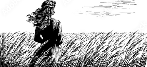 Serene woman in windy field of tall grass - vintage hand drawn etching for design