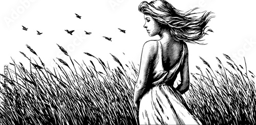 Serene woman in flowing dress amidst windswept field of grass and birds
