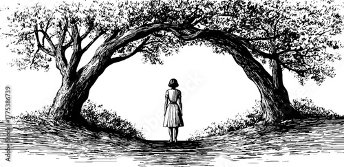 Vintage illustration of woman standing under tree branch arch
