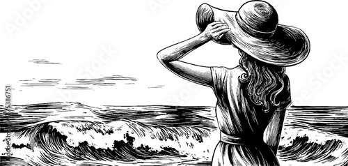 Vintage woman holding wide-brimmed hat by sea waves - retro design for print, card, poster