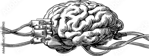 Vintage engraving of brain with network cables concept for technology and innovation design