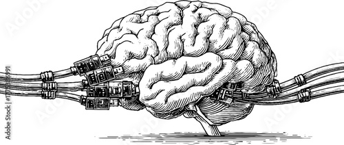 Brain and network cables engraving: concept of digital connectivity and technology