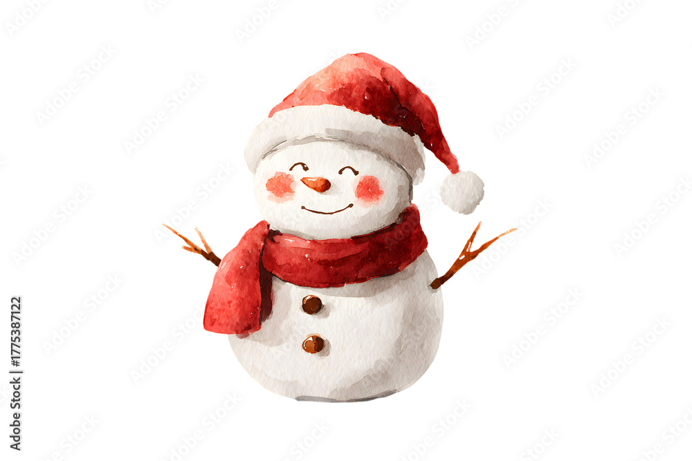 Fototapeta premium Charming watercolor snowman wearing a santa hat and red scarf