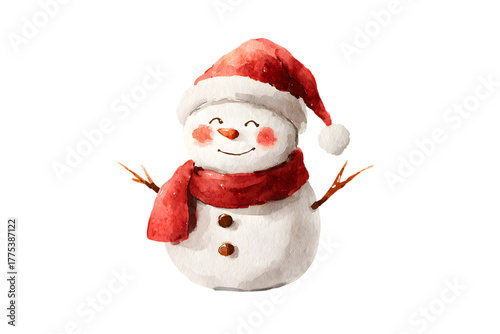 Charming watercolor snowman wearing a santa hat and red scarf