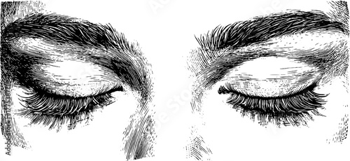 Vintage engraving of softly closed eyes with curved expression for retro design