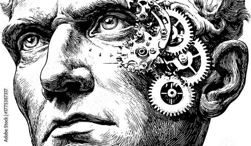 Intricate human face with clock gears symbolizing time driven concepts for retro art design