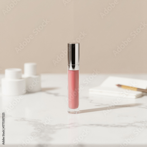 Lip gloss tube standing on marble countertop with beauty products  