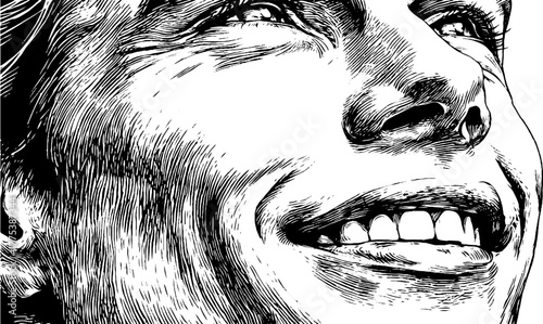 Hopeful smile in engraved silhouette eliciting warmth and light