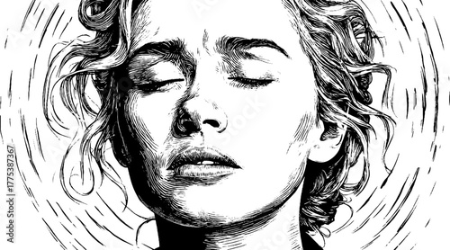 Expressive engraving of female face with circular lines design for card or poster