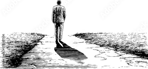 Solitary figure casting long shadow on pathway, vintage style black and white design