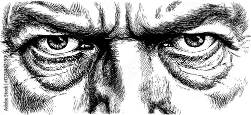 Intense gaze with furrowed brow and shadowed eyes portraying strength and determination