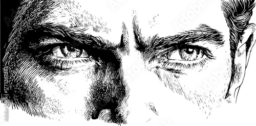 Intense gaze with furrowed brow and shadowed eyes expression of strength