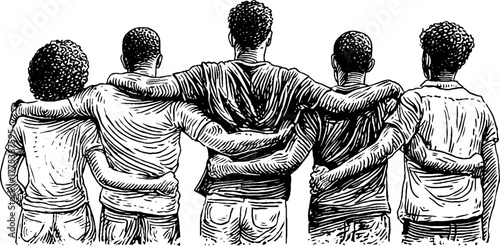 Unity and togetherness concept: group standing with linked arms in a vintage sketch for design