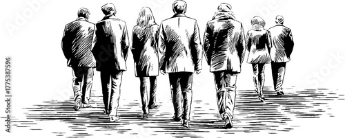 Diverse group walking in different directions, symbolizing choice and diversity in a stylized engraving design