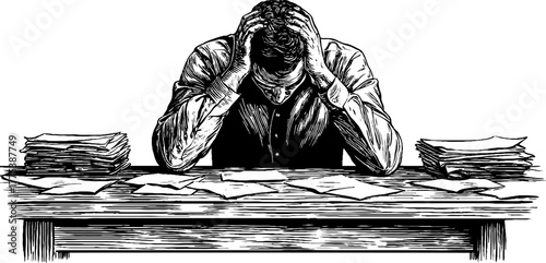 Vintage hand-drawn illustration of a pensive human figure sitting at a desk with papers