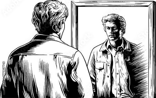 Vintage engraving of human figure standing before mirror in retro silhouette style