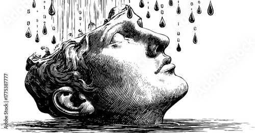 Surreal human head with binary rainfall in vintage engraving art