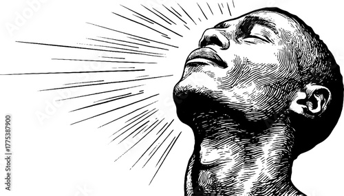 Sunlit human silhouette engraving with radiant rays – design for art print or poster