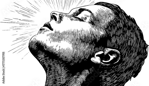 Human silhouette with sunlight rays scene in vintage engraving style