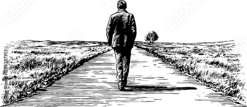 Solitude journey: engraved silhouette of man walking alone down empty road