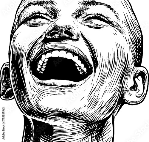 Vintage engraving of a laughing person with open mouth and upward gaze for retro design