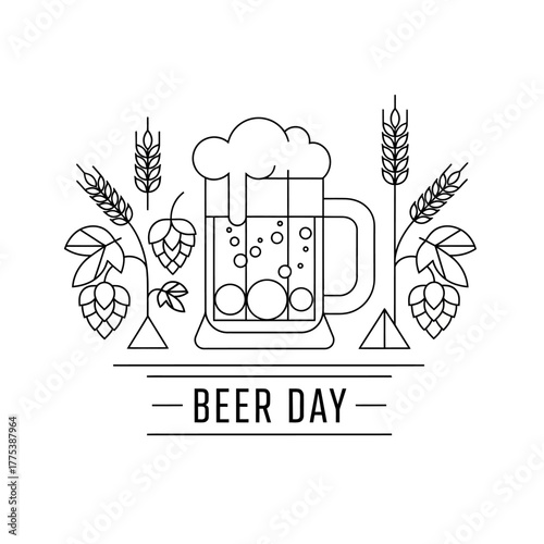 A black and white line art illustration for Beer Day, featuring a foamy mug surrounded by hops and wheat.