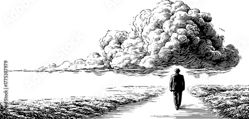 Solitary figure walking into foggy distance, embracing the unknown path in vintage engraving
