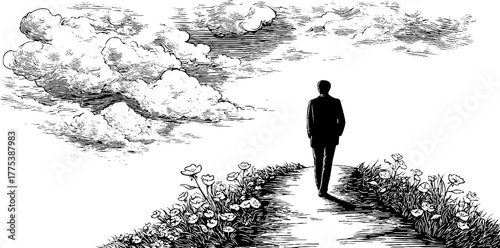 Solitary figure walking into foggy landscape with dramatic sky