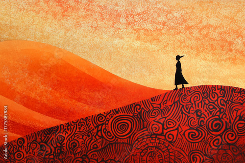Fototapeta Naklejka Na Ścianę i Meble -  A silhouette of a traveler walking along the crest of a patterned sand dune
