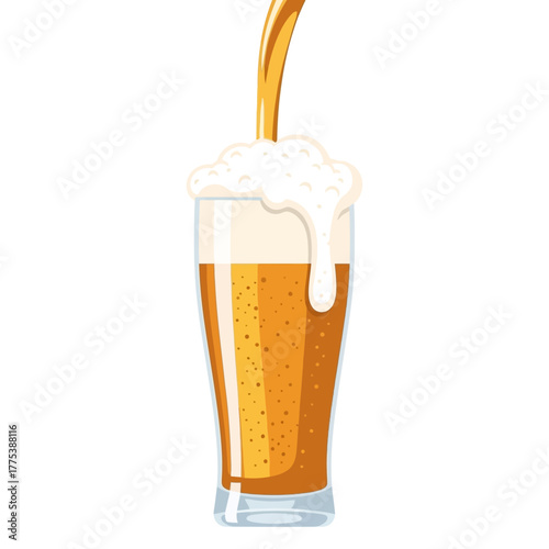 Golden beer being poured into a tall pilsner glass, creating a large, frothy white foam head that overflows down the side.