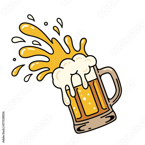 A cartoon illustration of a frothy beer mug with a splash of golden liquid erupting from it.
