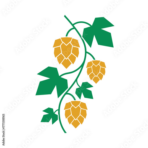 A stylized illustration of a hop plant with green leaves and yellow hop cones on a white background.