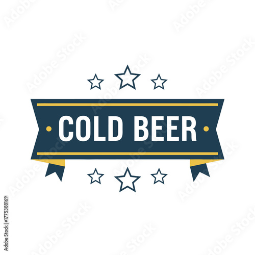 A flat design vector illustration of a dark blue banner with a yellow border, featuring the text 'COLD BEER' in white capital letters, surrounded by outline stars.