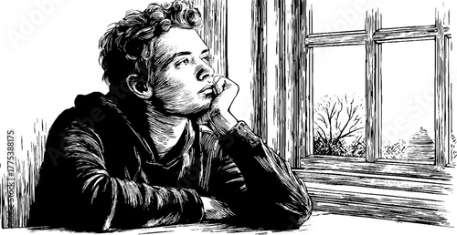 Contemplative moment: vintage engraving of person gazing out window in thought