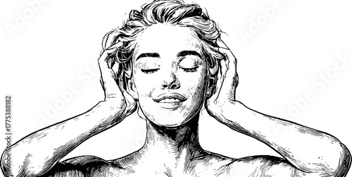 Peaceful expression hand drawn engraving of person with closed eyes and content smile