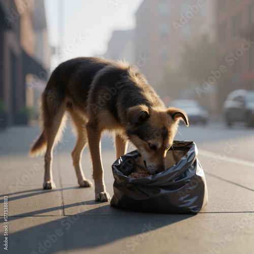 Dog searching for food in a trash bag on urban street  